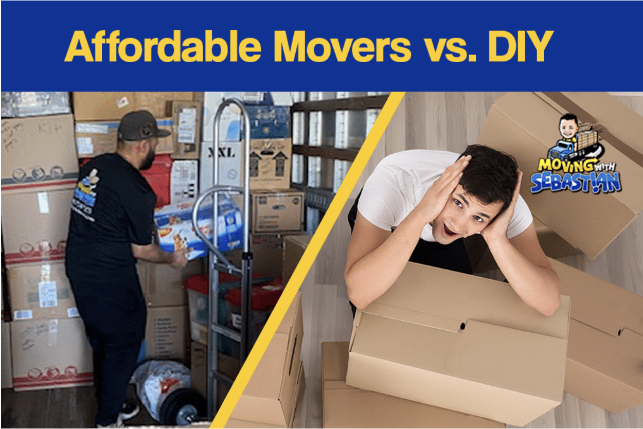 Affordable movers vs. DIY written above split image of a frustrated man with packing boxes and a mover from Moving with Sebastian